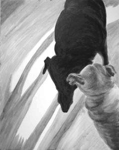 a black and white painting of two dogs viewed from above one in silhouette on a ground of cast shadows.