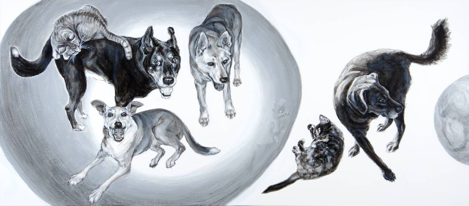 Absorbed family portrait of domestic animals arranged in orbs. A painting depicting 4 dogs and two cats within and outside a large circle with a smaller circle reflecting one of the dogs. A black and white acrylic painting by Elizabeth Lisa Petrulis