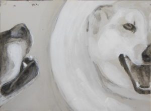 Megaphone 2 (with cat bites by Boodle), black and white acrylic on paper, 2015, 9 x 12”, Elizabeth Lisa Petrulis