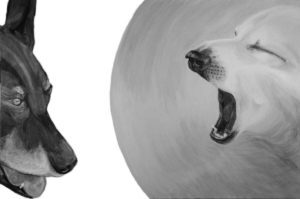 Megaphone yawn, black and white acrylic on canvas, 2015, 24 x 36”, Elizabeth Lisa Petrulis