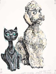 marker drawing of cat and dog figurine banks