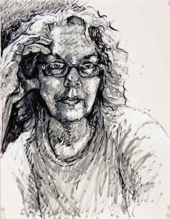 A marker drawing of the artist with glasses and hand up to temple from the front