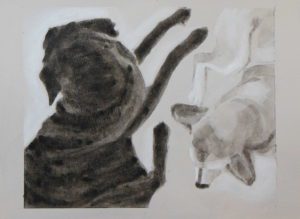 An intimate portrait of two dogs laying with bodies facing each other but each looking away. Black and white acrylic painting by Elizabeth Lisa Petrulis