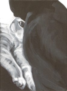 Topper peeks around Lucy's looming feline silhouette, black and white double cat portrait