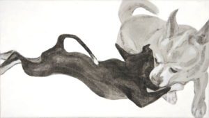Full body pose of two dogs at right angle to each other. Side view of a sleek black Chihuahua fully stretched on his belly nuzzled into the neck of a larger light colored Chihuahua who faces forward. both tails curl back. a high contrast acrylic painting by Elizabeth Lisa Petrulis