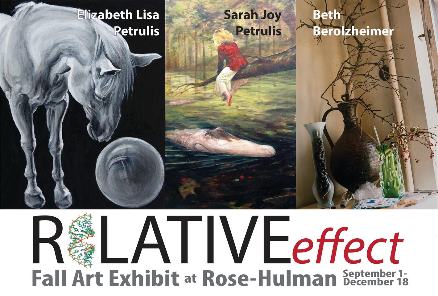 Postcard for the Exhibition "Relative Effect" featuring artwork by Elizabeth Lisa Petrulis, Sarah Joy Petrulis, and Beth Berolzheimer at Rose-Hulman Institute of Technology in Terre Haute, IN, September 1- December 18, 2020