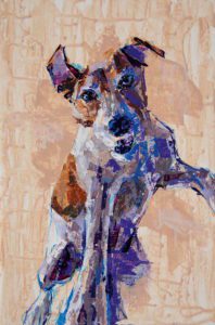 Jack Russell, 2021, a Terrier portrait study in knifed acrylic featuring purple and sienna, by Elizabeth Lisa Petrulis