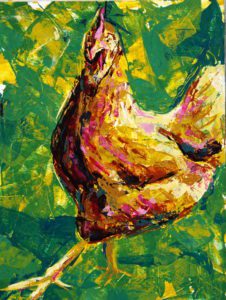 Chicken Strut, 2021. this chicken portrait is a color acrylic knife painting study, by Elizabeth Lisa Petrulis.