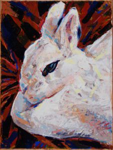 Theda, 2021, a knifed and brushed color portrait of a Hotot Rabbit, by Elizabeth Lisa Petrulis