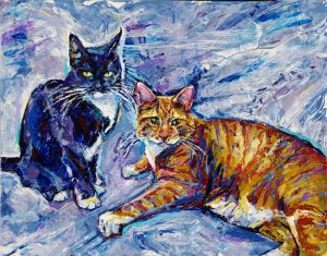 Strawberry & Gilbert a colorfuland textured knife painting of sibling tuxedo cats