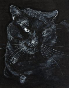 Neo, a commissioned black and white acrylic portrait of a beloved black cat, by Elizabeth Lisa Petrulis.