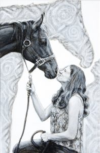 Nuzzle, 2022, a black and white acrylic double portrait with patterned shadow. The depiction of the woman and her horse, by Elizabeth Lisa Petrulis, was commissioned to celebrate her college graduation.