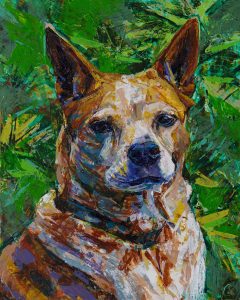 Rosie, a colorful, knife and brush applied acrylic, portrait of a dog.