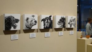 5 Petrulis dog tongue portraits on display in small art 2018 show in the Arts Illiana Gallery in Terre Haute, IN.