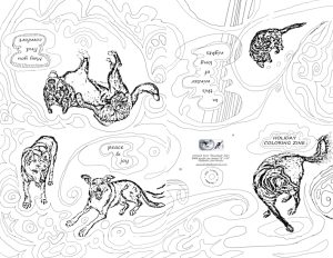 a page of black and white line drawings half upside down, to be folded into a coloring zine. it featured dogs and cats and abstract designs.