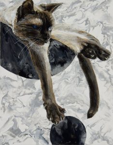 Painted portrait of a Siamese cat in a half orb and reaching out to touch another orb. The atmosphere, and each orb, swirls with flowing marbled paint.