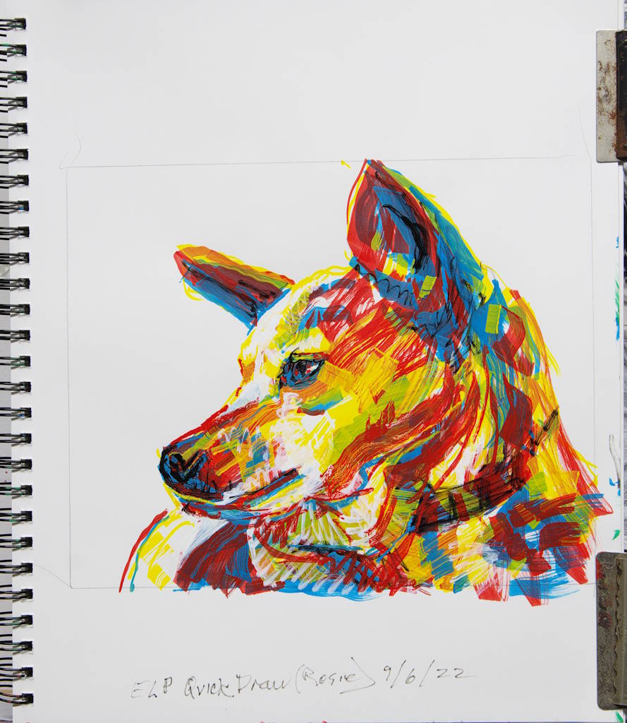 A quickly and loosely drawn profile of a cattle dog, mostly in primary colors with wide acrylic markers.