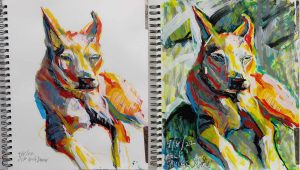 Side by side images of 2 versions of a quickly and loosely drawn dog dozing in the sun. In these colorful portraits the second adds a grassy background.