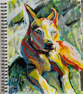 A quickly and loosely drawn portrait of a snoozing dog with background, mostly in primary colors with wide acrylic markers.
