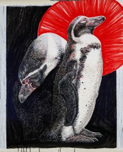 Phobos & Deimos bask in Mars 2025 CE, 2025, acrylic paint pens on paper, 48” x 38”, Two penguins bask in the red of Mars against a dark ground.