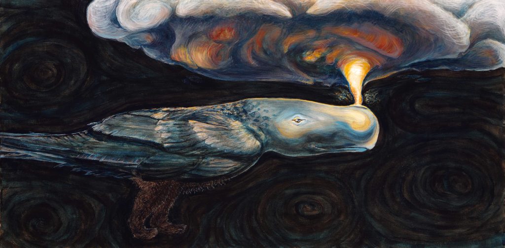 Tonarepterus, a lead foot trespasser, 2025, acrylic on canvas, 24x48”, whale headed, bird bodied, bear footed chimera whipping a tornado from it blow hole.