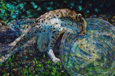 Mafdet stardust 2, 2024, acrylic on canvas, 24” x 36”, Elizabeth Lisa Petrulis