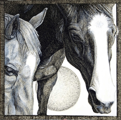 “Binary Star,” 2022, acrylic paint pens on paper,  @48” square, Elizabeth Lisa Petrulis