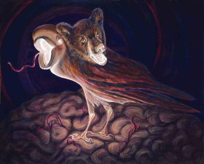 Conjoinivore, a fowl bodied scavenger, 2026, acrylic on canvas, 24x30”, Elizabeth Lisa Petrulis