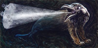 Coronovus, a sharp eyed spreader, 2025, acrylic on canvas, 24 x 48”, Elizabeth lisa Petrulis