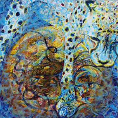 Gathering (Mafdet stardust) 2024, acrylic on canvas, 24” x 24”, Elizabeth Lisa Petrulis