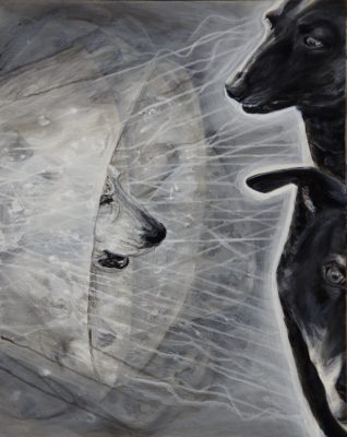Ghost, 2014 re again 2023, (Dog Studies, Medical Collar), acrylic on canvas, 30 x 24, Elizabeth Lisa Petrulis.