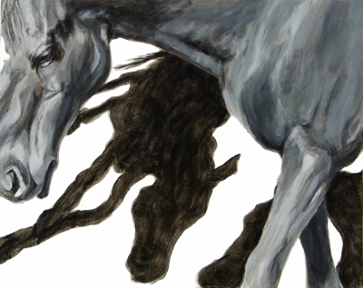Horse Shadows, 2019, black and white acrylic on canvas, 16 x 20”, Elizabeth Lisa Petrulis.
