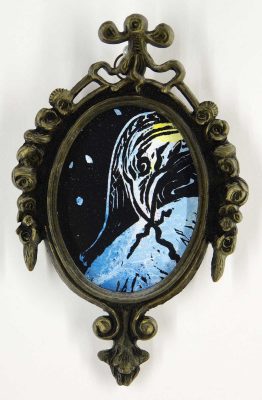 Imminent (crow series), 2024, water soluble block print ink on paper (hand marbled), variable edition 1/3, at 3 5/8” x 2 7/8” (vintage metal oval frame 5 3/8” x 4”)