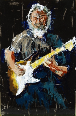 Ned on guitar, quick knife study, 5/30/21, acrylic on ragboard 8x12”, Elizabeth Lisa Petrulis (Collection of Ned Tennis, Marshall, IL)