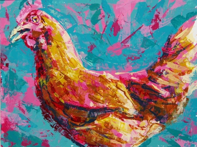 Chicken side view, 2021, acrylic on rag board, 8" x 6”, Elizabeth Lisa Petrulis