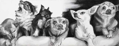 Chihuahua family, 2017, acrylic on canvas, 8" x 20", Elizabeth Lisa Petrulis, (Collection of the Aherns of Clearwater, FL).