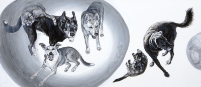 Absorbed, 2020 re 2021, black & white acrylic on canvas, 16” x  36”, Elizabeth Lisa Petrulis.