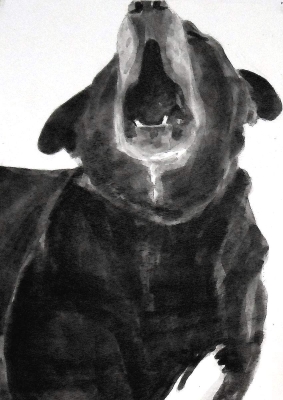Doug speaks 2, c.2008, Dog Studies, Original Series, black acrylic on prepared paper, 12" x 9", Elizabeth Lisa Petrulis                          
