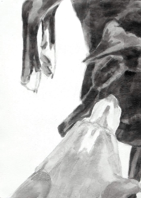 Sadie licking Doug (from above), c.2009,  Dog Studies, Original Series, black acrylic on prepared paper, 12" x 9", Elizabeth Lisa Petrulis  (Private Collection, Terre Haute, IN) 