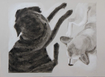 Away 2, 2015, (Dog Studies, Limbs), acrylic on paper, 9" x 12", Elizabeth Lisa Petrulis.                   