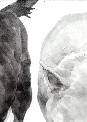 Between, c.2009, Dog Studies, Original Series, black acrylic on prepared paper, 12" x 9", Elizabeth Lisa Petrulis (Private Collection)                           