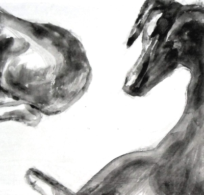 Curves, 2013,  Dog Studies, Original Series,  black acrylic on board,  6 x 5 5/8”, Elizabeth Lisa Petrulis (Private Collection)                        