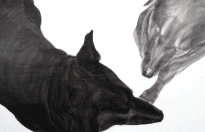 Dance, 2013,  Dog Studies, Original Series, black acrylic on prepared wood panel,       20" x 29 ¾", Elizabeth Lisa Petrulis                         