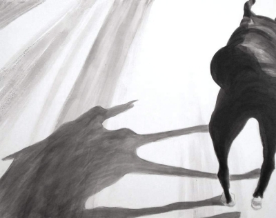 On the road, 2013, Dog Studies, Original Series,  black acrylic on canvas, 24" x 30", Elizabeth Lisa Petrulis                       