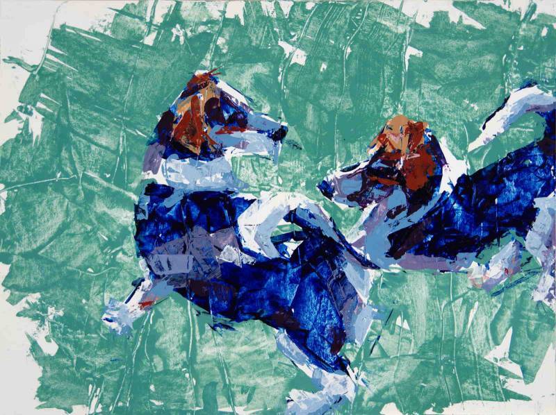 Hound dogs, 2021, a double dog portrait, color and knife painting study, by Elizabeth Lisa Petrulis