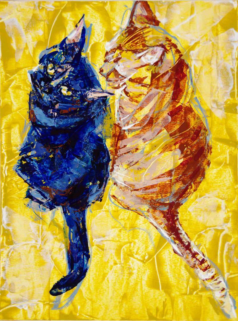 Sniff, 2021, a double cat portrait and color knife painting study, by Elizabeth Lisa Petrulis